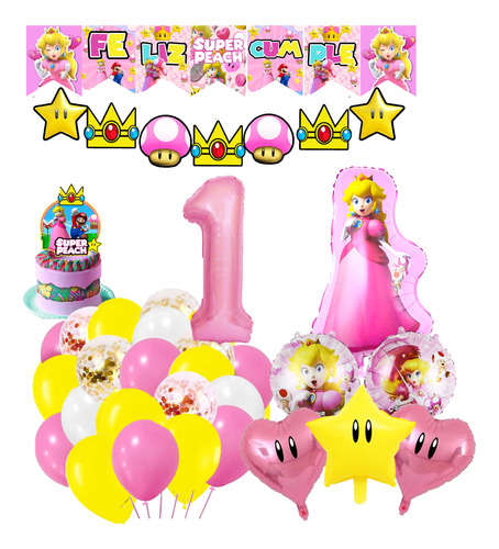 Pack Globos Peach Numero Toppers Banderin Estrella Corazon