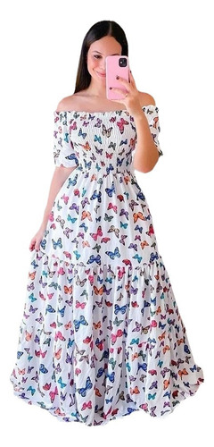 Vestido Largo Con Hombros Descubiertos Y Flores Para Mujer