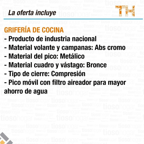 Imagen 5 de 10 de Metalica Griferia Moderna Cromada Cocina Mesada Canilla Gtia