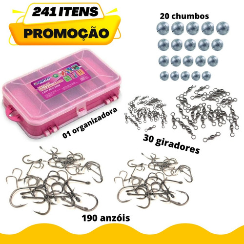 Kit Pesqueiro Rosa Organizadora Anzóis Chumbo Girador 241 