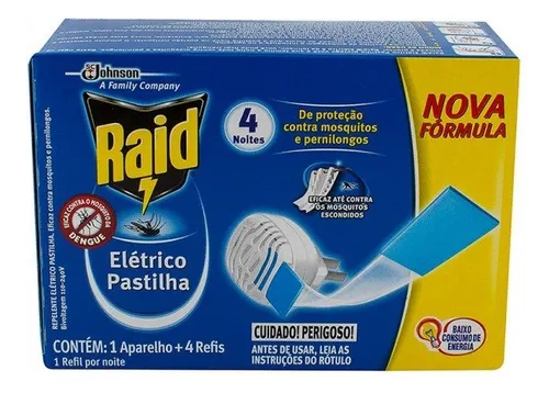 Raid Repelente Elétrico Pastilha Aparelho + Refil Com 4 Unid