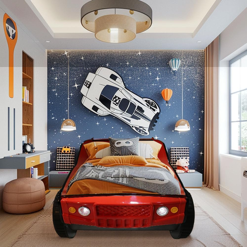 Base De Cama Individual Hmfule Forma De Carro C/ruedas Rojo
