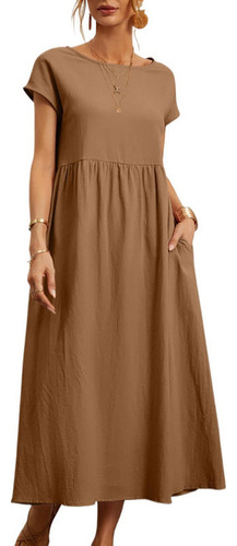 Vestido Suelto De Algodón Y Lino Con Bolsillo F