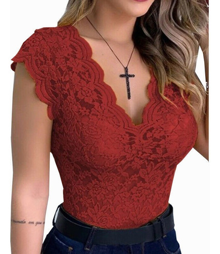 Blusa Moderna, Transparente Y Sexi De Encaje Con Escote En V