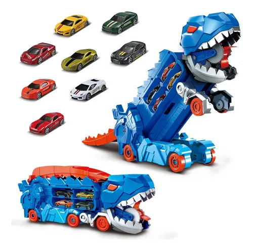 Caminhao Dinossauro azul em formato de transporte com 8 carrinhos coloridos espalhados