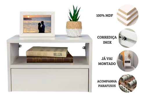 Conjunto 02 Mesas De Cabeceira Criado Suspenso 40cm 100% Mdf Branco