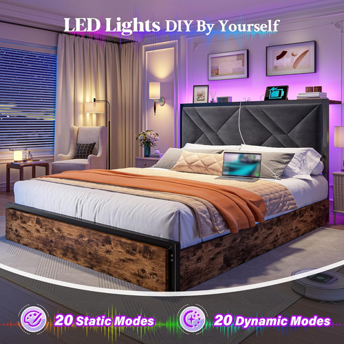 Base De Cama Matrimonial Con Luz Led,6 Cajones Marron Marron Vintage