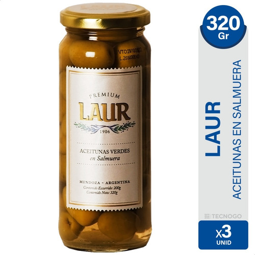 Imagen 1 de 8 de Aceitunas Verdes En Salmuera Premium Laur - Pack X3 Unidades