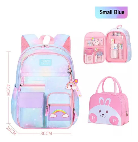 Mochila Infantil School Girl Rainbow Con Bolsas De Almuerzo