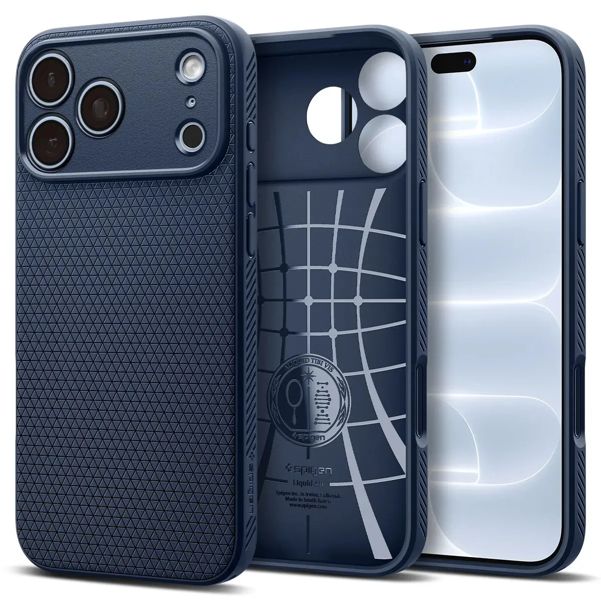 Funda de aire líquido Spigen para iPhone 18 Pro / iPhone 17 Pro Azul marino, Droide antideslizante agarre, protección militar del cojín de aire, sin MagSafe