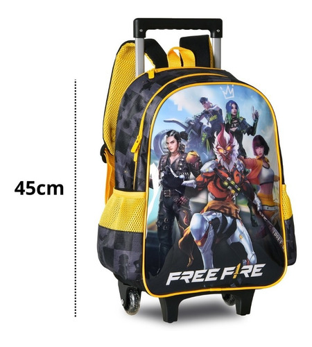 Mochila Escolar Free Fire Infantil Com Rodinha Cor Preto