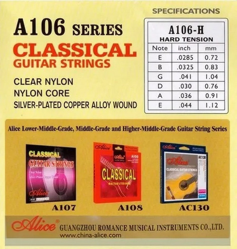 Encordoamento De Violão Clássico Nylon Alice A106