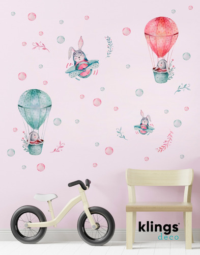 Imagen 1 de 4 de Vinilos Decorativos Conejos Animales Acuarela Globos Cielo