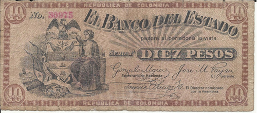 Colombia 10 Pesos Banco Del Estado Popayán 1900 (5 Dígitos)