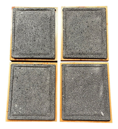 Plato De Piedra Volcánica Con Base De Madera 4 Color Gris oscuro Cuadrado