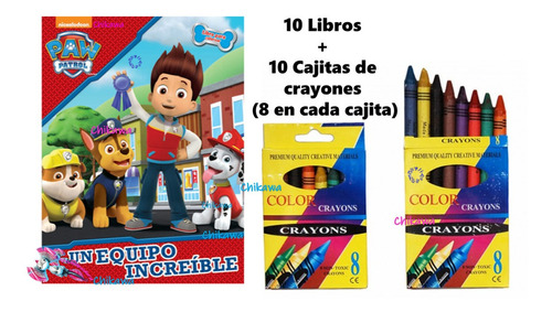 10 Libros Para Colorear Paw Patrol + 10  Cajitas De Crayones