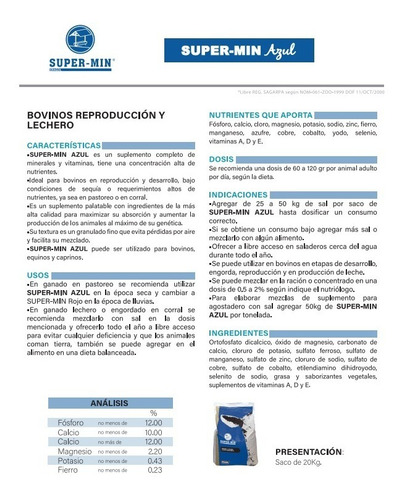 Super-min Azul 20kg. Supl. Mineral Y Vitaminico Ganado Bovin
