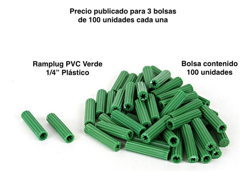 Ramplug Plastico 1/4 Pequeño Pared Color Verde 100pack Rm