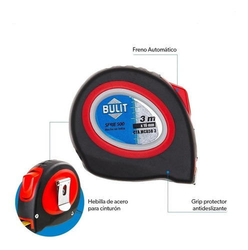 Imagen 2 de 10 de Cinta Métrica Marca Bulit Serie 500 3m X 16mm Con Freno