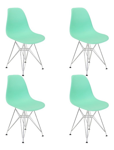 Kit 4 Cadeiras Charles Eames Eiffel Base Metal Cromado Verde
