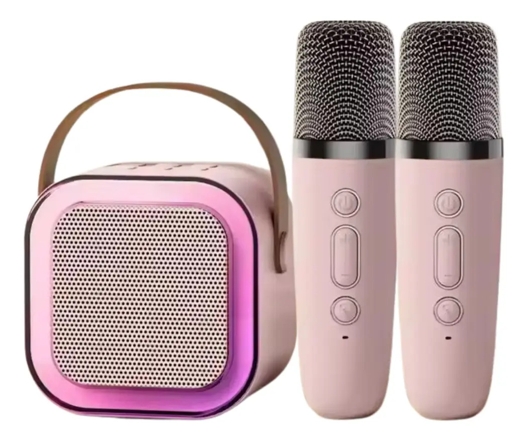 Set de Karaoke Gxtronics con 2 Micrófonos Inalámbricos y Parlante Bluetooth Portátil Rosa para Niños