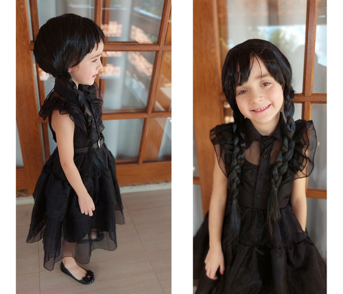 Vestido Festa Baile Wandinha Addams Halloween Cinto E Peruca