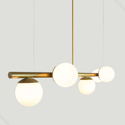 Lustre Moderno Linear Jabuticaba 6 Globos Vidro + Lâmpadas Estrutura Dourado 110v/220v Trybo Design 6-2620