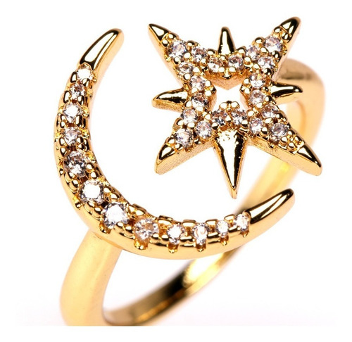 Imagen 5 de 6 de Anillo Luna Estrella Ajustable Baño De Oro 18k