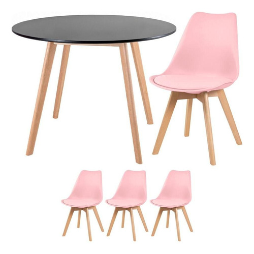 Mesa De Jantar Leda 100 Cm + 3 Cadeiras Estofadas Leda Cor Mesa preto com cadeiras rosa claro
