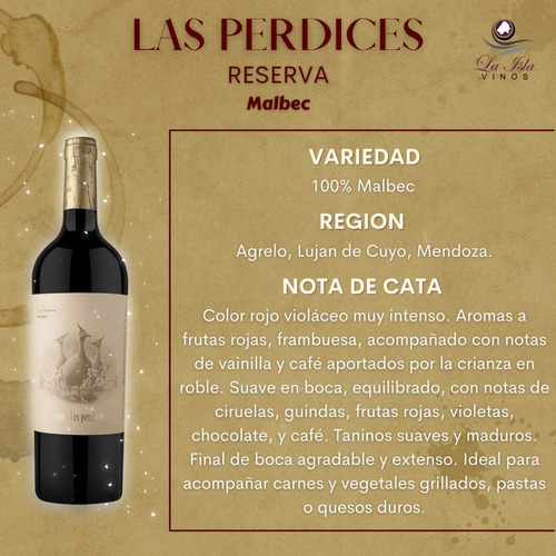 Imagen 2 de 10 de Vino Las Perdices Reserva Malbec Caja X 6 X 750ml.