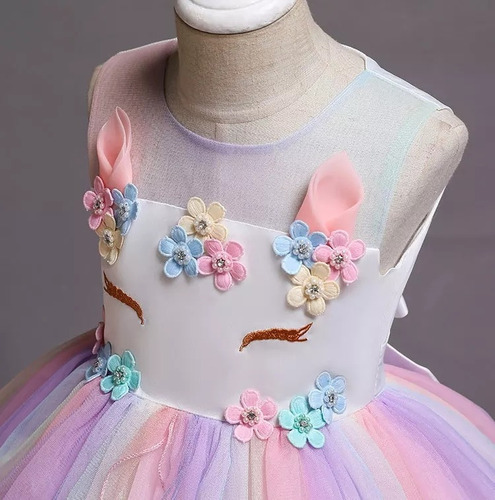 Imagen 3 de 8 de Disfraz Niñas Princesa Unicornio Figura Multicolores Gasa