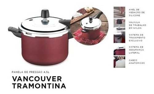 Panela De Pressão Vancouver Alumínio 4,5 Litros Tramontina Cor Vermelho