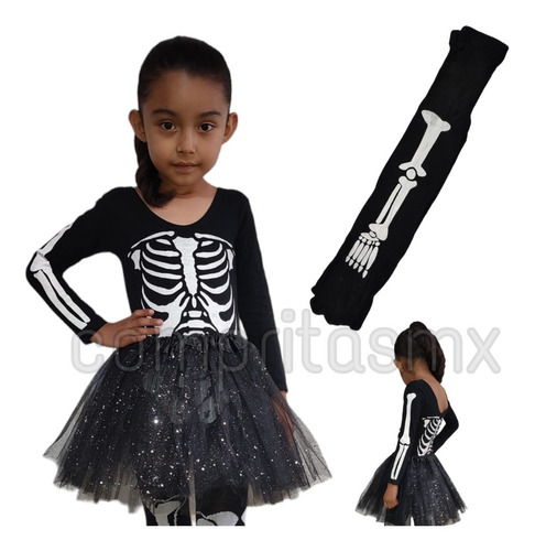 Disfraz Hueso Esqueleto Catrina Halloween Niña Leotardo Tutu