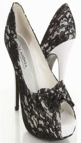 Zapatos Satin Blanco Y Encaje Negro Peep Toe Imp. Usa