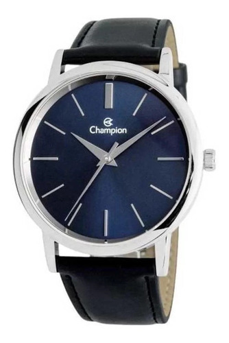 Relogio Champion Masculino Prata Fundo Azul Pulseira Couro Cor da correia Preto