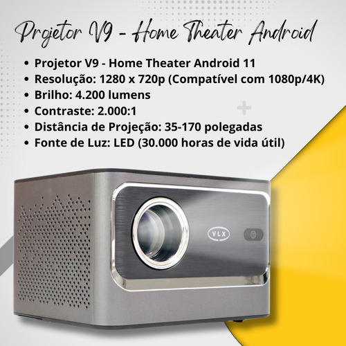 Projetor V9 Pro 4200 Lumens Android 4k Smart Datashow Home
