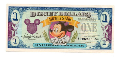 Disney Billete 1 Dollar Año 1993 65º Aniversario De Mickey