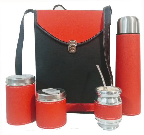 Set Matero Cartera Negra Con Rojo Kit Completo Termo 1 Litro