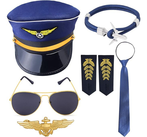 Kit Disfraz Piloto Con Sombrero Lentes Sol Aviador Pasador C