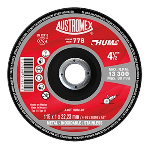 Disco Abrasivo Corte Metal 4-1/2 X 7/8 Austromex Aus-778