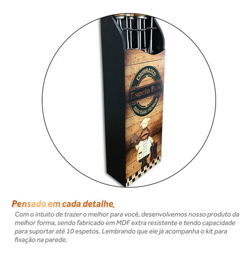 Imagem 4 de 6 de Porta Espeto De Parede Churrasqueira Mdf Suporte Rústico