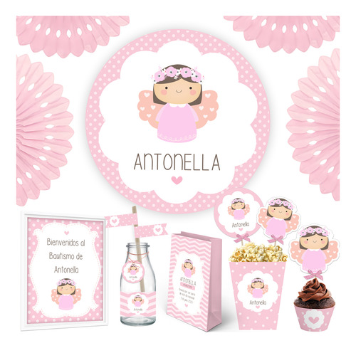 Kit Imprimible Personalizado Bautismo Angel Nena + Banner
