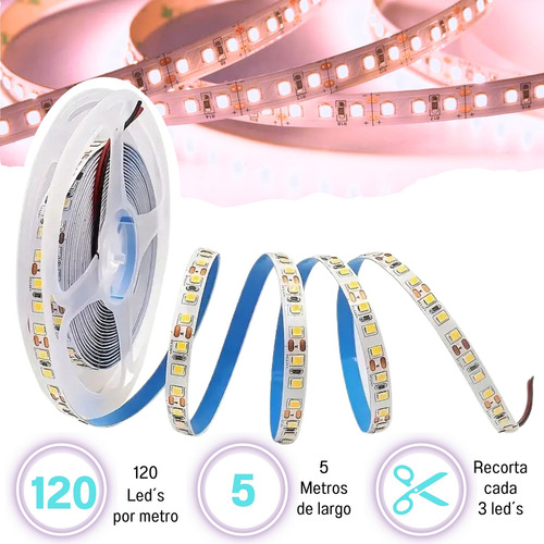 Rollo Led Unicolor Blanco Frío 2835 De 5 Metros 120 Leds Por Metro Recortable Tira De Luces Led Con Alta Intensidad De Brillo Marca Dosyu