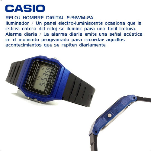 Reloj pulsera Casio Collection F-91 de cuerpo color azul, digital, fondo gris, con correa de resina color negro, dial negro, minutero/segundero negro, bisel color negro y hebilla simple