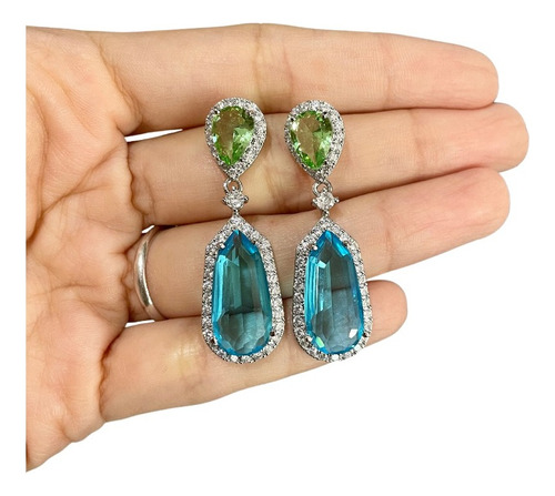 Aretes Largos Con Circonias Azul Con Verde Elegantes Fiesta