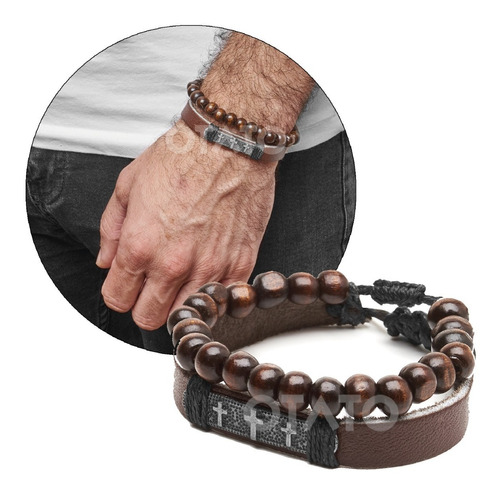 Pulsera Hombre - Pulsera Cuero Genuino - Pulsera Cruz Acero Quirúrgico - Brazalete Hombre - Pulseras Conjunto 2 En 1