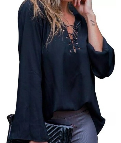 Blusa Camisa Feminina Decote Ilhos Manga Longa Flare Cordão