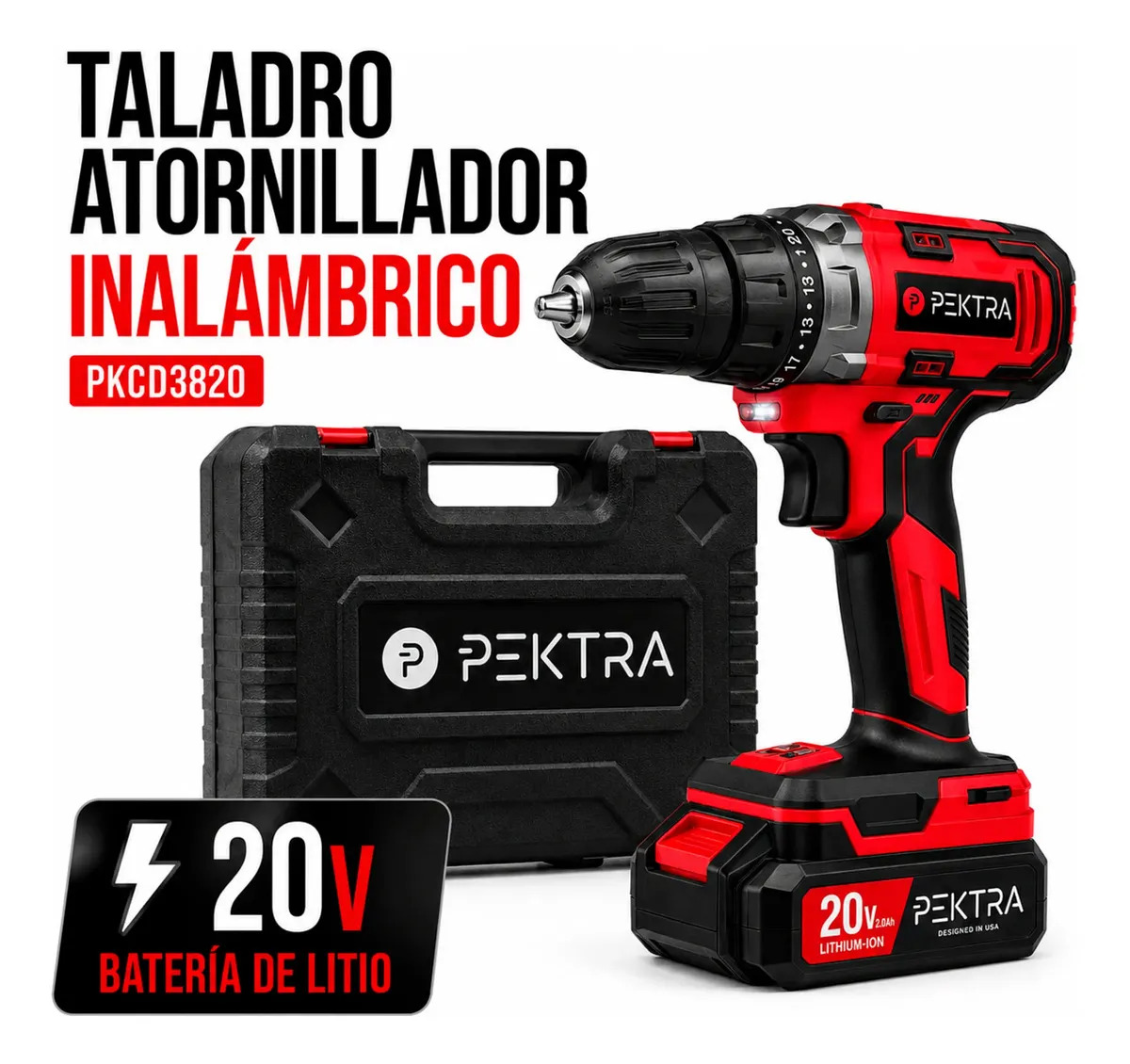 Taladro Atornillador 20v 10mm Luz Led Pektra + Maletín de Transporte