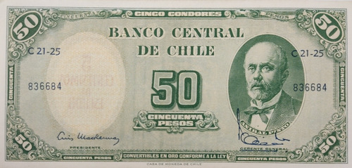 Billete Chile 50 Pesos Remarcado Mackenna Ibañez Unc(bb38