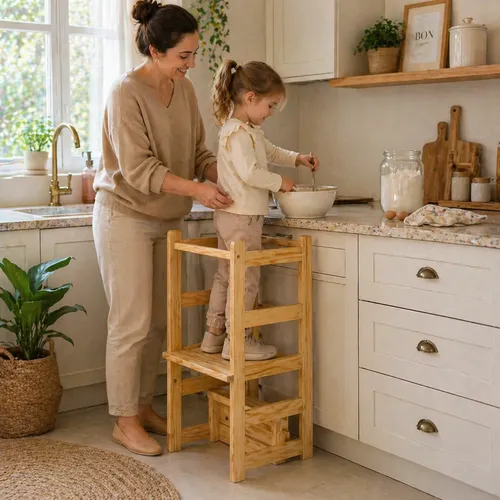 Torre Montessori 4em1 Pinus Natural Infantil Escada Aprendiz Palha
